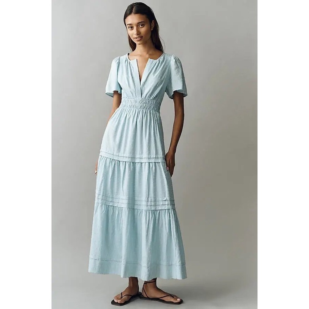 Anthropologie Somerset Maxi Dress Corydalis Blue Lurex Swiss Dot Tiered Size M
